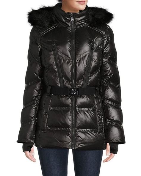 michael michael kors faux fur trim belted puffer coat